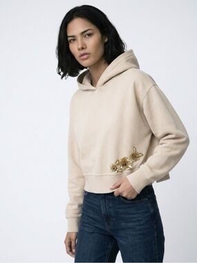 Soft Girl Utility Chic Athleisure Luxe Cropped Hoodie Gold Flower Appliqués Sz M